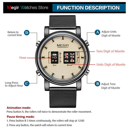 New Luxury Watches Men Military Sport Roller Pointer Quartz Watch Man Fashion Stainless Steel Mesh Strap Wristwatch