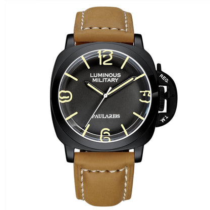 New Men Self Wind Mechanical Watch Automatic Genuine Brown Leather Strap Yellow Green Luminous 44mm Luxury Rose Gold Military Men Watch