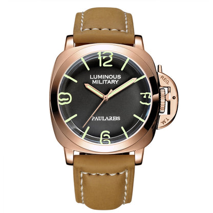 New Men Self Wind Mechanical Watch Automatic Genuine Brown Leather Strap Yellow Green Luminous 44mm Luxury Rose Gold Military Men Watch