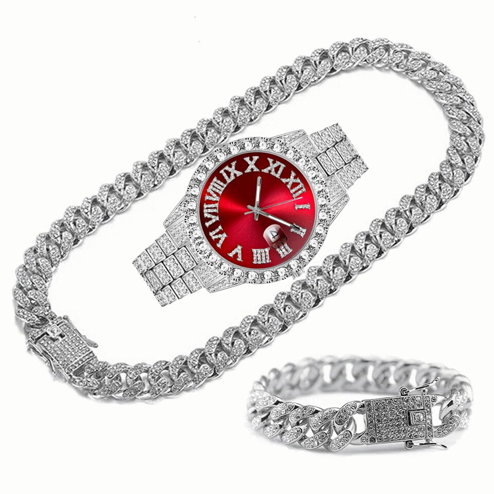 Full Iced Out Watch Mens Cuban Link Chain Bracelet Necklace Choker Bling Jewelry for Men Big Gold Chains Hip Hop Men Watch Set sliver red
