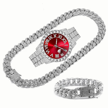 Full Iced Out Watch Mens Cuban Link Chain Bracelet Necklace Choker Bling Jewelry for Men Big Gold Chains Hip Hop Men Watch Set sliver red