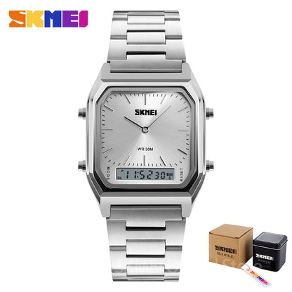 Men Digital Dual Time Sports Chronograph 3 bar Waterproof Quartz Wristwatches relogio masculino 1220 Silver with box, CN