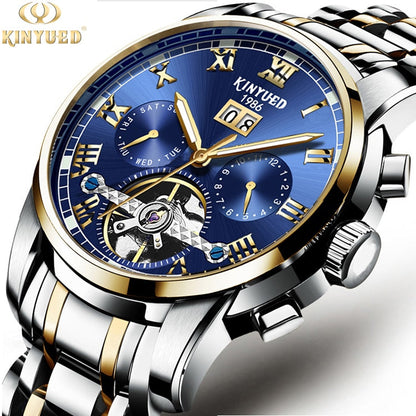 New Men Kinyued Stainless Steel Watch Band Automatic Mechanical Business Wrist Watch Luxury Brand Waterproof Watch for Men