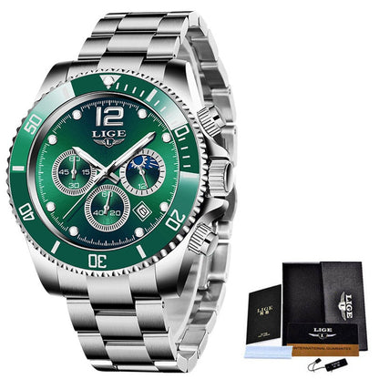 LIGE Watches Men Top Brand Luxury Clock Casual Stainless Steel 24 Hour Moon Phase Men Watch Sport Waterproof Quartz Chronograph