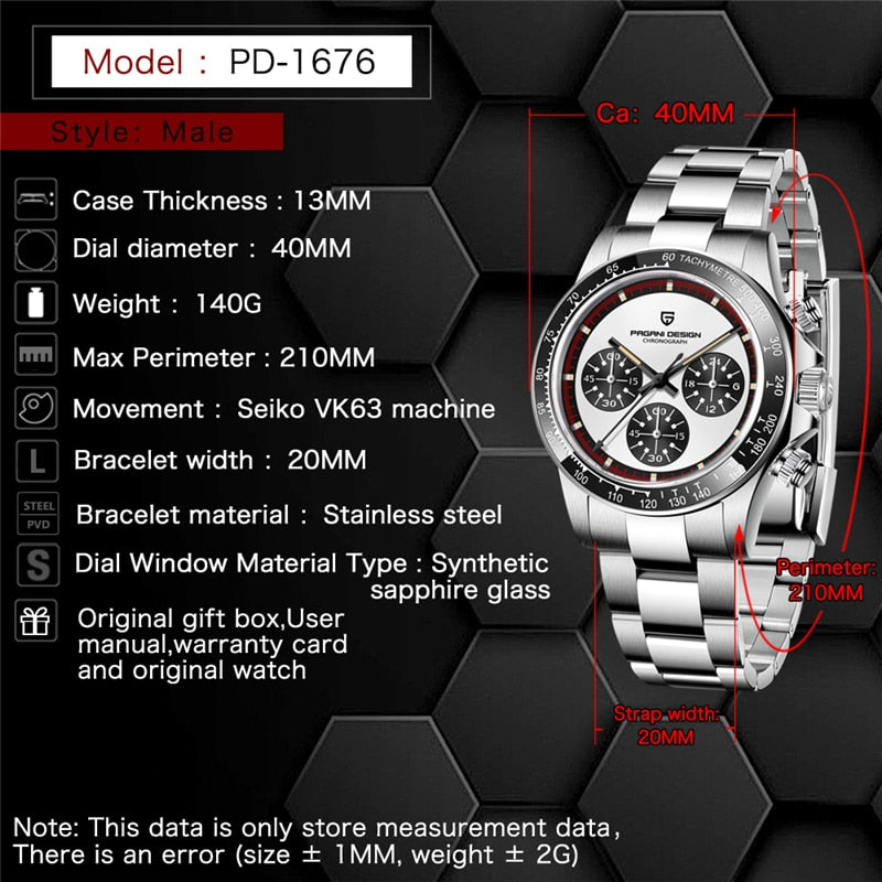 PAGANI DESIGN New Classic Men Quartz Watch Ceramic Bezel  Stainless Steel Waterproof Clock Luxury Sapphire Glass Chronograph