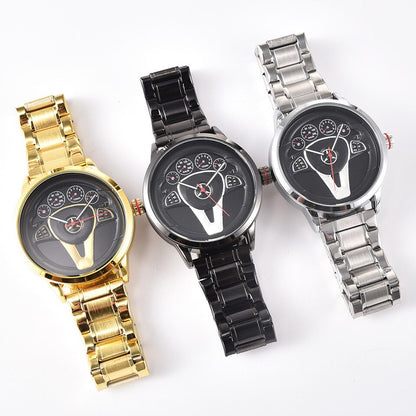Casual Personality Classic precision Men Quartz watch Racing Free Stainless Casual Sports 3D Car Steering Wheel Clock