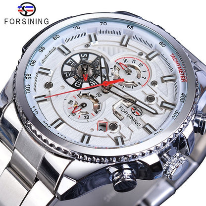 New Men Forsining Three Dial Calendar Watch Stainless Steel Men Mechanical Automatic Wrist Watches Top Brand Luxury Military Sport Male Clock