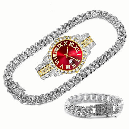 Full Iced Out Watch Mens Cuban Link Chain Bracelet Necklace Choker Bling Jewelry for Men Big Gold Chains Hip Hop Men Watch Set