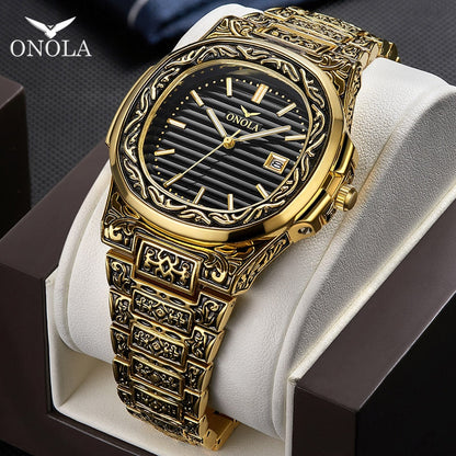 Quartz Watch Men Brand luxury Retro golden stainless steel watch men gold mens watch reloj hombre