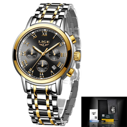 New Fashion Women Watches LIGE Top Brand Ladies Luxury Creative Steel Women Bracelet Watches Female Quartz Waterproof Watch Gift gold black, China