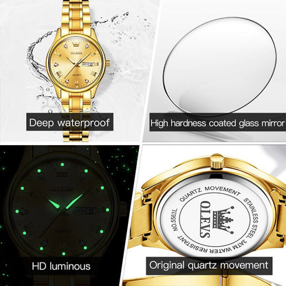 Watches Luxury Brands Fashion Rhinestone Stainless Steel Dual Calendar Quartz Ladies Wristwatches 5563 Reloj Mujer