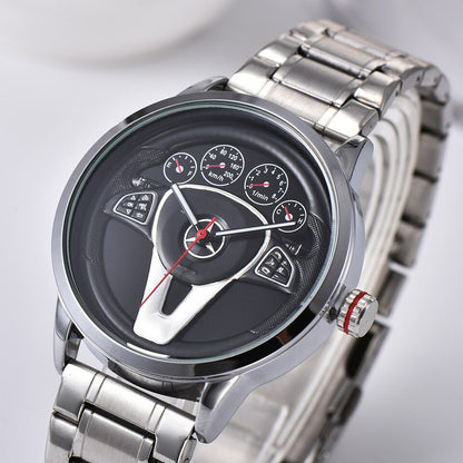 Casual Personality Classic precision Men Quartz watch Racing Free Stainless Casual Sports 3D Car Steering Wheel Clock