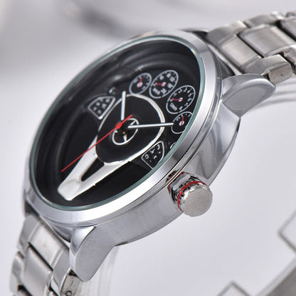 Casual Personality Classic precision Men Quartz watch Racing Free Stainless Casual Sports 3D Car Steering Wheel Clock