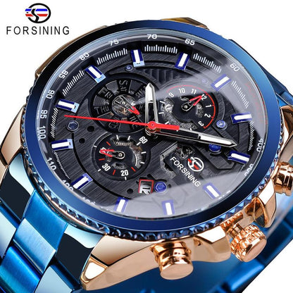 Forsining Three Dial Calendar Stainless Steel Men Mechanical Automatic Wrist Watches Brand Luxury Military Sport Male Clock