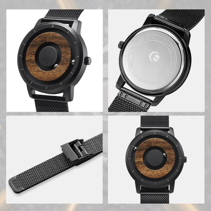 Original Magnetic Wooden Dial Fashion Casual Quartz Watch Simple Men Watch Stainless Steel Leather Strap