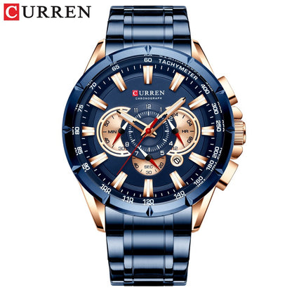 New Casual Sport Chronograph Men's Watches Stainless Steel Band Wristwatch Big Dial Quartz Clock with Luminous Pointers