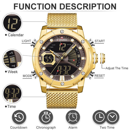 Original Watches For Men Luxury Brand Quartz Dual Display Military Sports Wrist Watch Mesh Steel Band Waterproof Clock