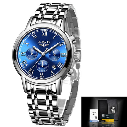 New Fashion Women Watches LIGE Top Brand Ladies Luxury Creative Steel Women Bracelet Watches Female Quartz Waterproof Watch Gift Silver blue, China