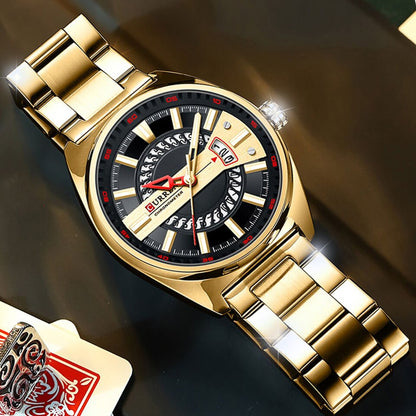 Men Watch Stainless Steel Band Luxury Quartz Wristwatches for Male Creative Design Golden Clock with Luminous