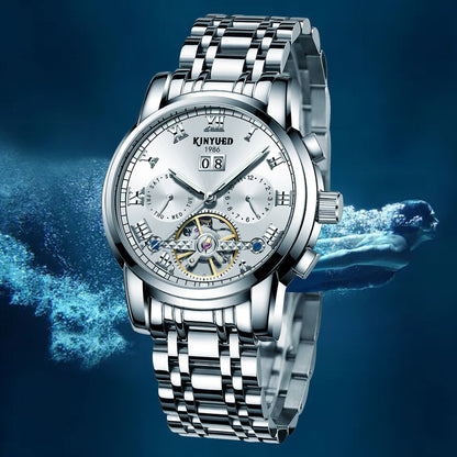 New Men Kinyued Stainless Steel Watch Band Automatic Mechanical Business Wrist Watch Luxury Brand Waterproof Watch for Men