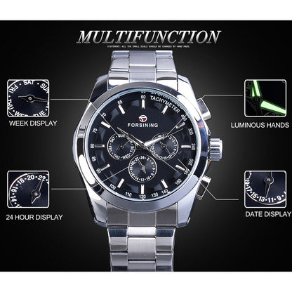 New Men Forsining Black Mechanical Watch 3 Dial Calendar Automatic Self Wind Clock Business Sport Stainless Steel Belts Wristwatch