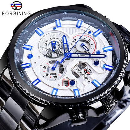 Forsining Three Dial Calendar Stainless Steel Men Mechanical Automatic Wrist Watches Brand Luxury Military Sport Male Clock