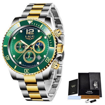 LIGE Watches Men Top Brand Luxury Clock Casual Stainless Steel 24 Hour Moon Phase Men Watch Sport Waterproof Quartz Chronograph