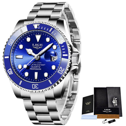 LIGE Top Brand Luxury Fashion Diver Watch Men 3ATM Waterproof Date Clock Sport Watches Mens Quartz Wristwatch Relogio Masculino Silver blue, China