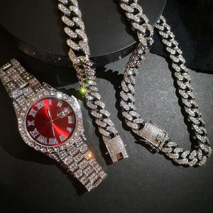 Full Iced Out Watch Mens Cuban Link Chain Bracelet Necklace Choker Bling Jewelry for Men Big Gold Chains Hip Hop Men Watch Set
