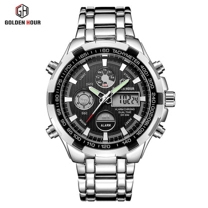 Luxury Brand Waterproof Military Sport Watches Men Silver Steel Digital Quartz Analog Watch Clock Relogios Masculinos
