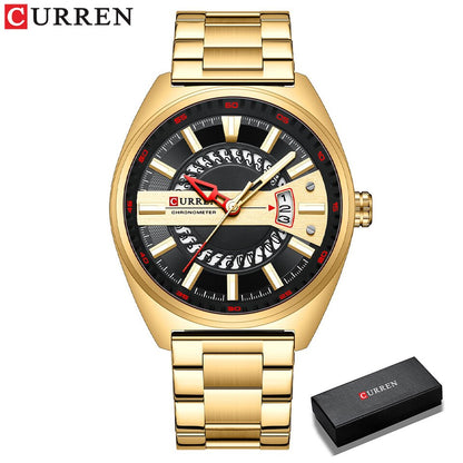Men Watch Stainless Steel Band Luxury Quartz Wristwatches for Male Creative Design Golden Clock with Luminous