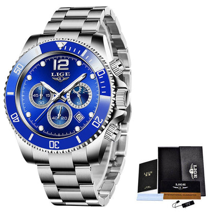 LIGE Watches Men Top Brand Luxury Clock Casual Stainless Steel 24 Hour Moon Phase Men Watch Sport Waterproof Quartz Chronograph