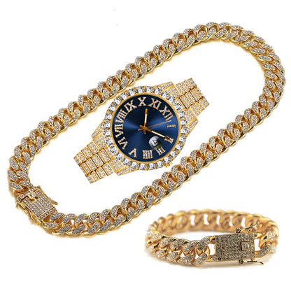 Full Iced Out Watch Mens Cuban Link Chain Bracelet Necklace Choker Bling Jewelry for Men Big Gold Chains Hip Hop Men Watch Set