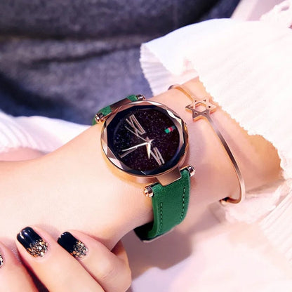 Brand Women Watches Fashion Square Ladies Quartz Watch Bracelet Set Green Dial Simple Rose Gold Mesh Luxury Women Watches leather green-1
