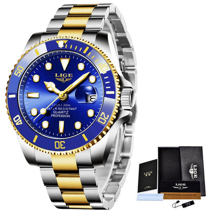 LIGE Top Brand Luxury Fashion Diver Watch Men 3ATM Waterproof Date Clock Sport Watches Mens Quartz Wristwatch Relogio Masculino Rose gold blue, China