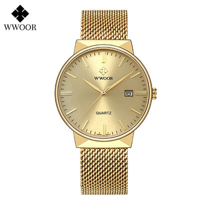 Men Simple Slim Watches Luxury Brand Gold Steel Mesh Ultra Thin Waterproof Date Wrist Watch Men Golden Clock With Box