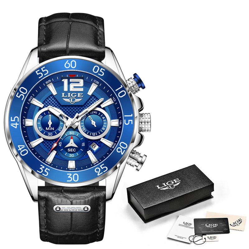 LIGE Fashion Men Watches Sport Quartz Watch Man Brand Luxury Wrist watches Chronograph Waterproof Casual Clock Montre Homme silver blue, China