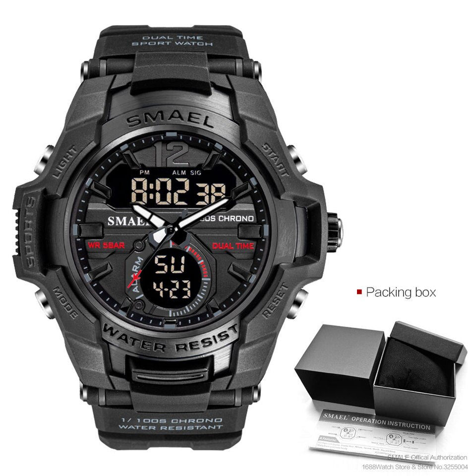 SMAEL Dual Time Army Sport Watch for Men Luminous Waterproof Quart Digital Wristwatch Alarm Clock LED Backlight Calendar 1805