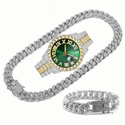 Full Iced Out Watch Mens Cuban Link Chain Bracelet Necklace Choker Bling Jewelry for Men Big Gold Chains Hip Hop Men Watch Set