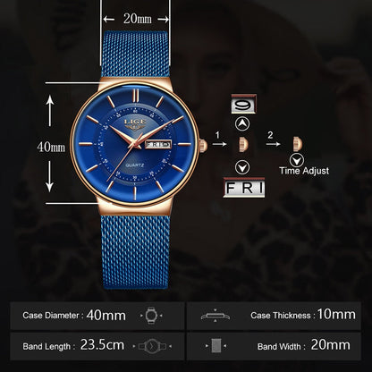 Women Watches Luxury Brand Ultra-thin Calendar Week Quartz Watch Ladies Clocks Mesh Stainless Steel Waterproof Reloj Mujer