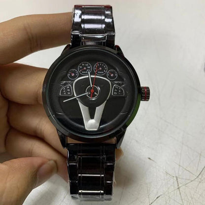 Casual Personality Classic precision Men Quartz watch Racing Free Stainless Casual Sports 3D Car Steering Wheel Clock