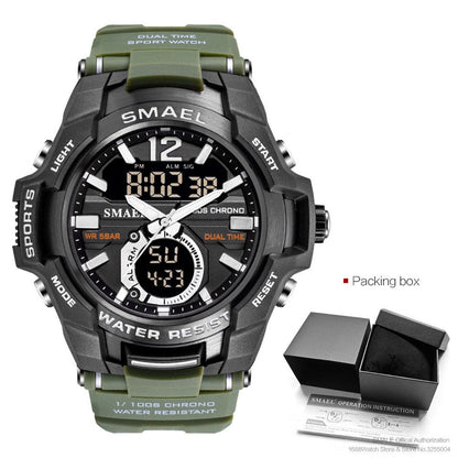 SMAEL Dual Time Army Sport Watch for Men Luminous Waterproof Quart Digital Wristwatch Alarm Clock LED Backlight Calendar 1805