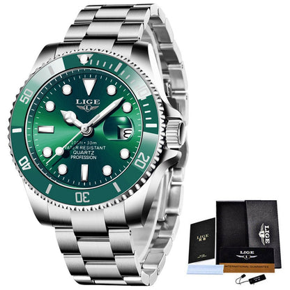 LIGE Top Brand Luxury Fashion Diver Watch Men 3ATM Waterproof Date Clock Sport Watches Mens Quartz Wristwatch Relogio Masculino Silver green, China