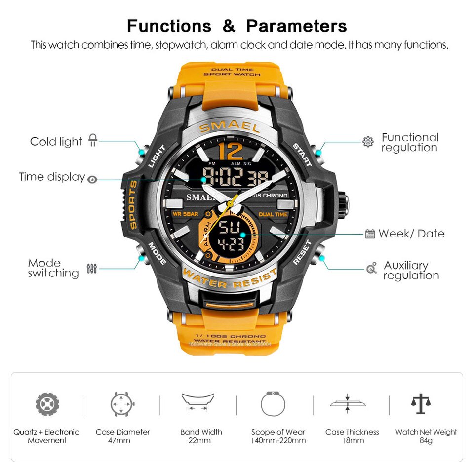 SMAEL Dual Time Army Sport Watch for Men Luminous Waterproof Quart Digital Wristwatch Alarm Clock LED Backlight Calendar 1805