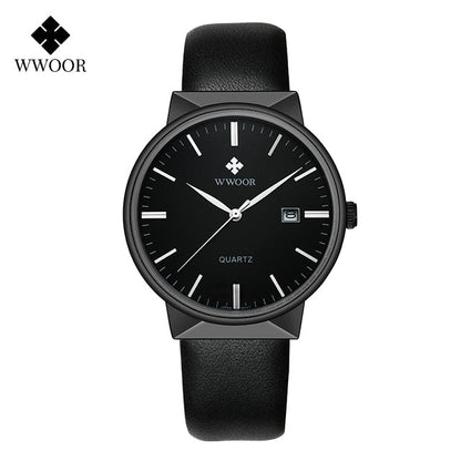 Men Simple Slim Watches Luxury Brand Gold Steel Mesh Ultra Thin Waterproof Date Wrist Watch Men Golden Clock With Box leather black