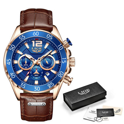 LIGE Fashion Men Watches Sport Quartz Watch Man Brand Luxury Wrist watches Chronograph Waterproof Casual Clock Montre Homme brown gold blue, China