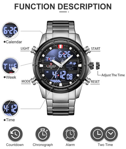 New Watches for Men Luxury Brand Digital Chronograph Sport Quartz Wristwatch Waterproof Military Steel Band Luminous Clock