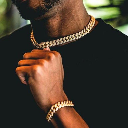 Full Iced Out Watch Mens Cuban Link Chain Bracelet Necklace Choker Bling Jewelry for Men Big Gold Chains Hip Hop Men Watch Set