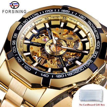 New Men Forsining Stainless Steel Watch Waterproof Mens Skeleton Watches Top Brand Luxury Transparent Mechanical Sport Male Wrist Watches