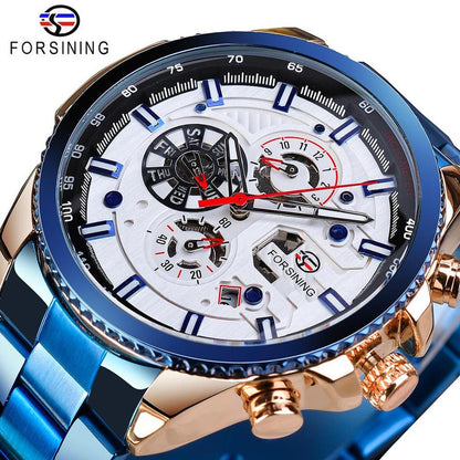 New Men Forsining Three Dial Calendar Watch Stainless Steel Men Mechanical Automatic Wrist Watches Top Brand Luxury Military Sport Male Clock